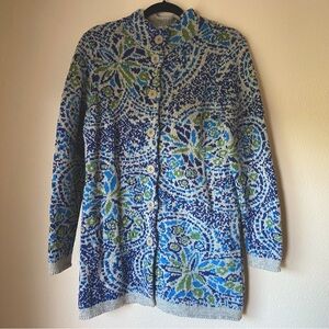 Sundance Lambswool Mosaic Cardigan, Medium, Blue Green, Long Length, Cozy, Boho